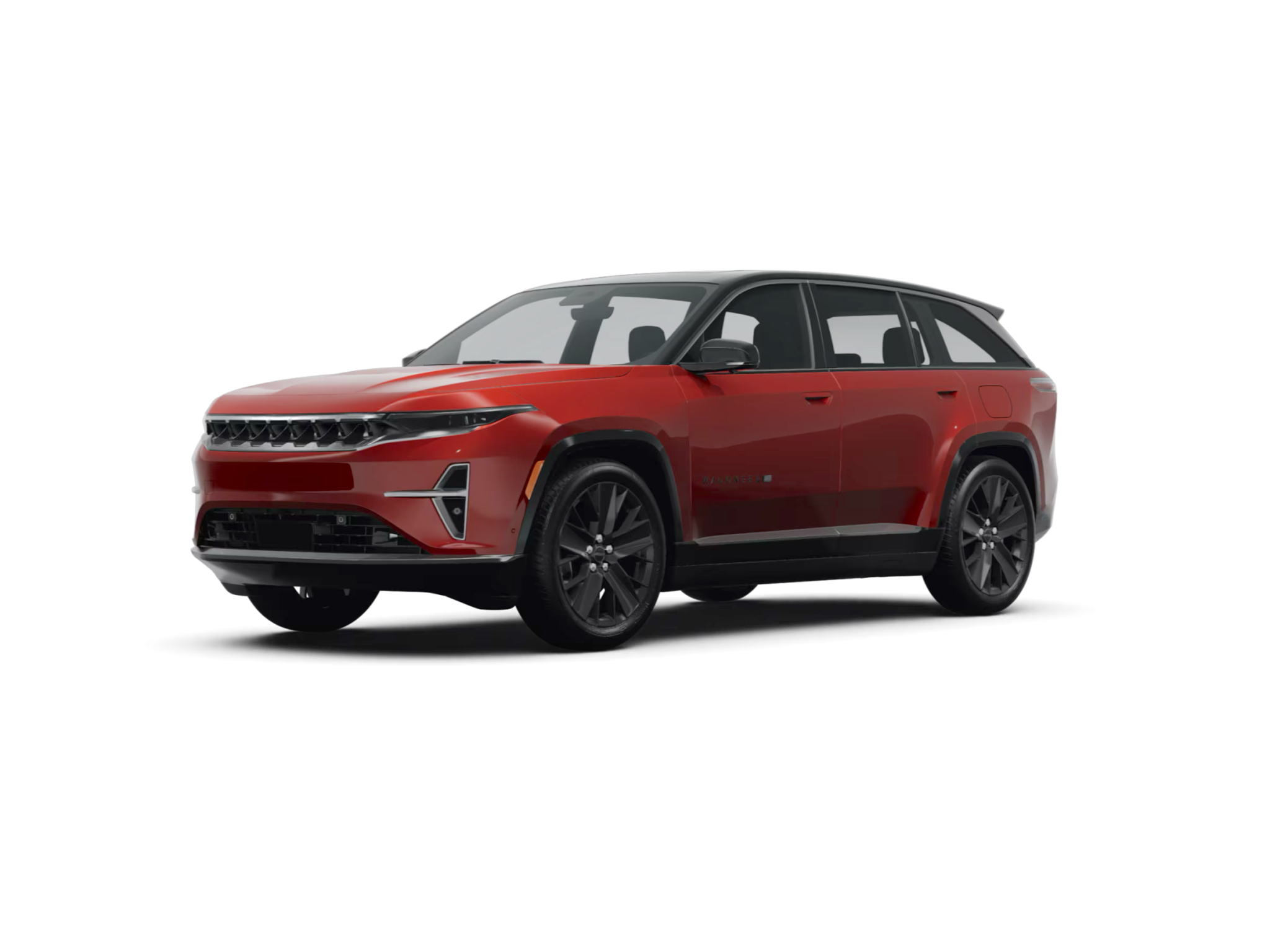 Front view of 2025 Jeep Wagoneer S lease, a luxury electric SUV with iconic grille in NYC.