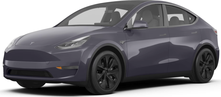 Aggressive front design of the 2025 Tesla Model Y AWD with a smooth grille-less fascia and futuristic LED headlamps.