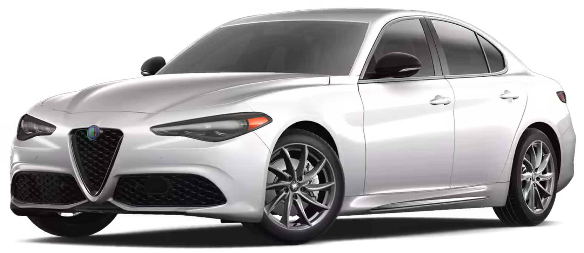 Front view of the 2025 Alfa Romeo Giulia RWD highlighting the signature Trilobe grille, LED headlamps, and aggressive front fascia.