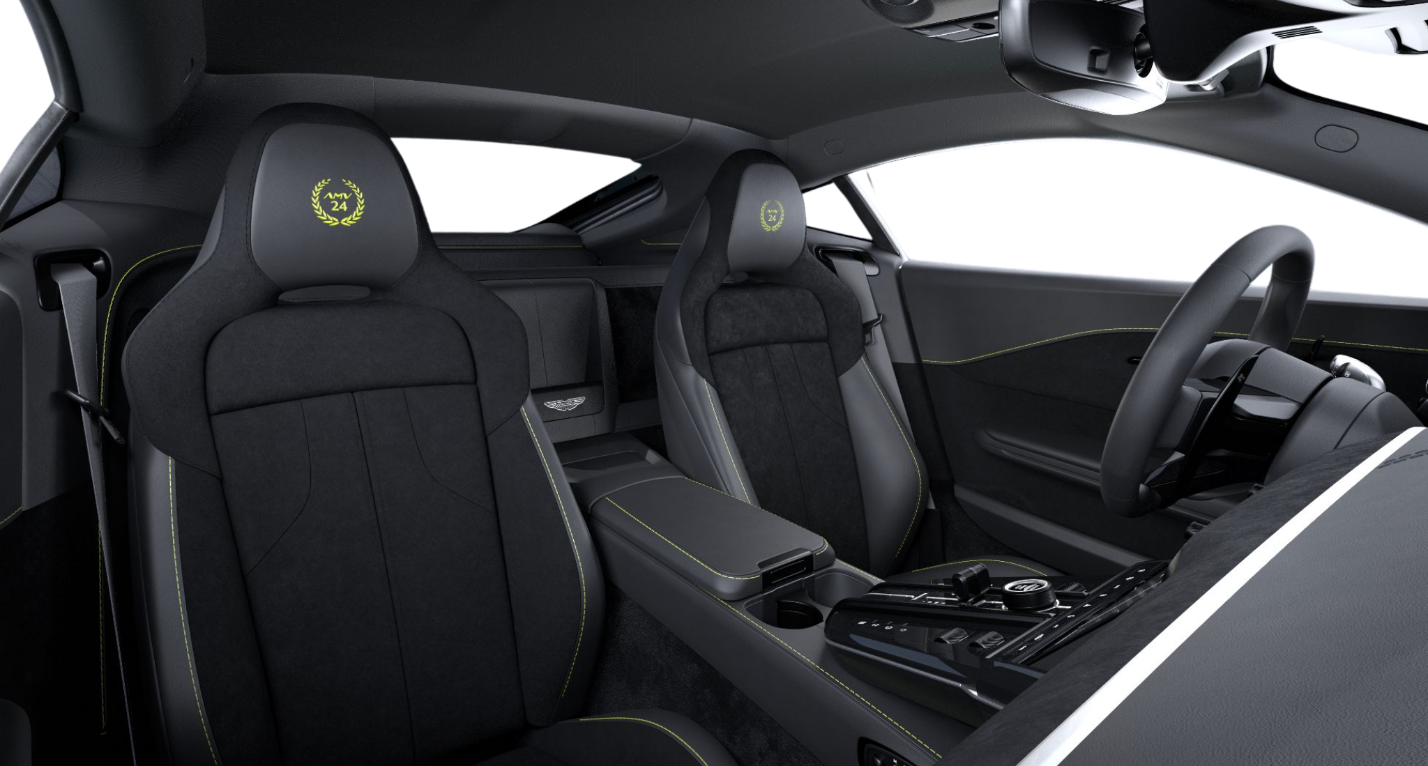 2025 Aston Martin Vantage Coupe interior featuring Alcantara sport seats with lime contrast stitching and embossed Vantage 24 logo.