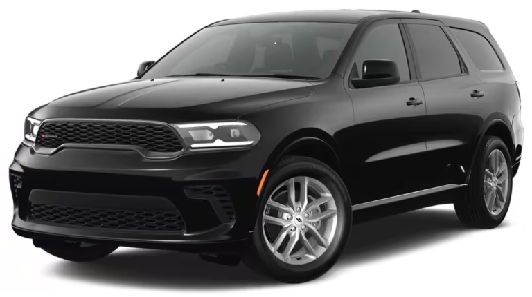 Front view of the 2025 Dodge Durango GT AWD highlighting the black sport grille, LED headlamps, and bold SUV stance