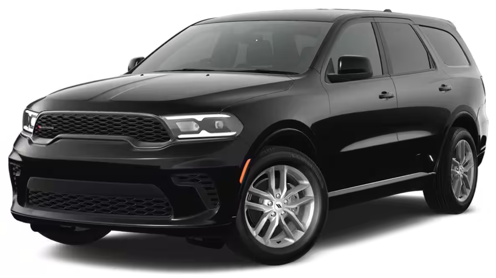 Front view of the 2025 Dodge Durango GT AWD highlighting the black sport grille, LED headlamps, and bold SUV stance
