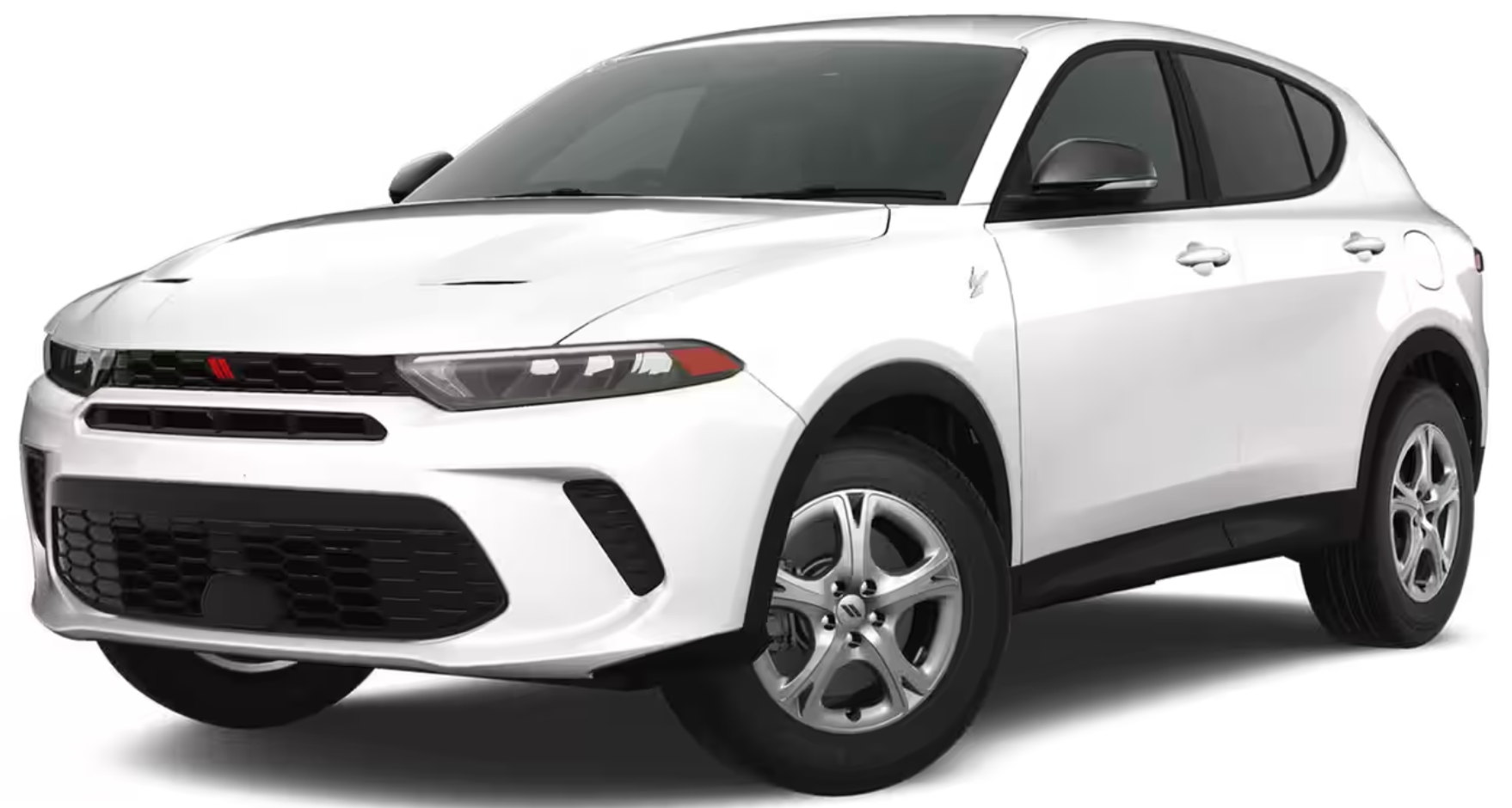 Front view of 2025 Dodge Hornet GT AWD in white with aggressive grille, LED headlights, and signature Dodge styling.