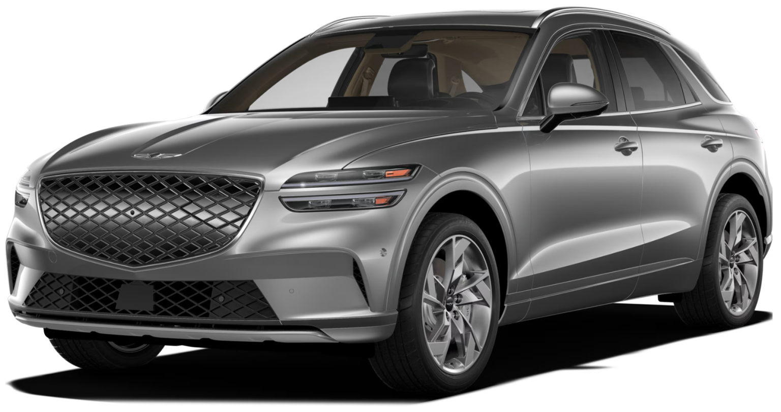 Front view of the 2025 Genesis Electrified GV70 AWD with signature grille, LED headlights, and sleek hood design