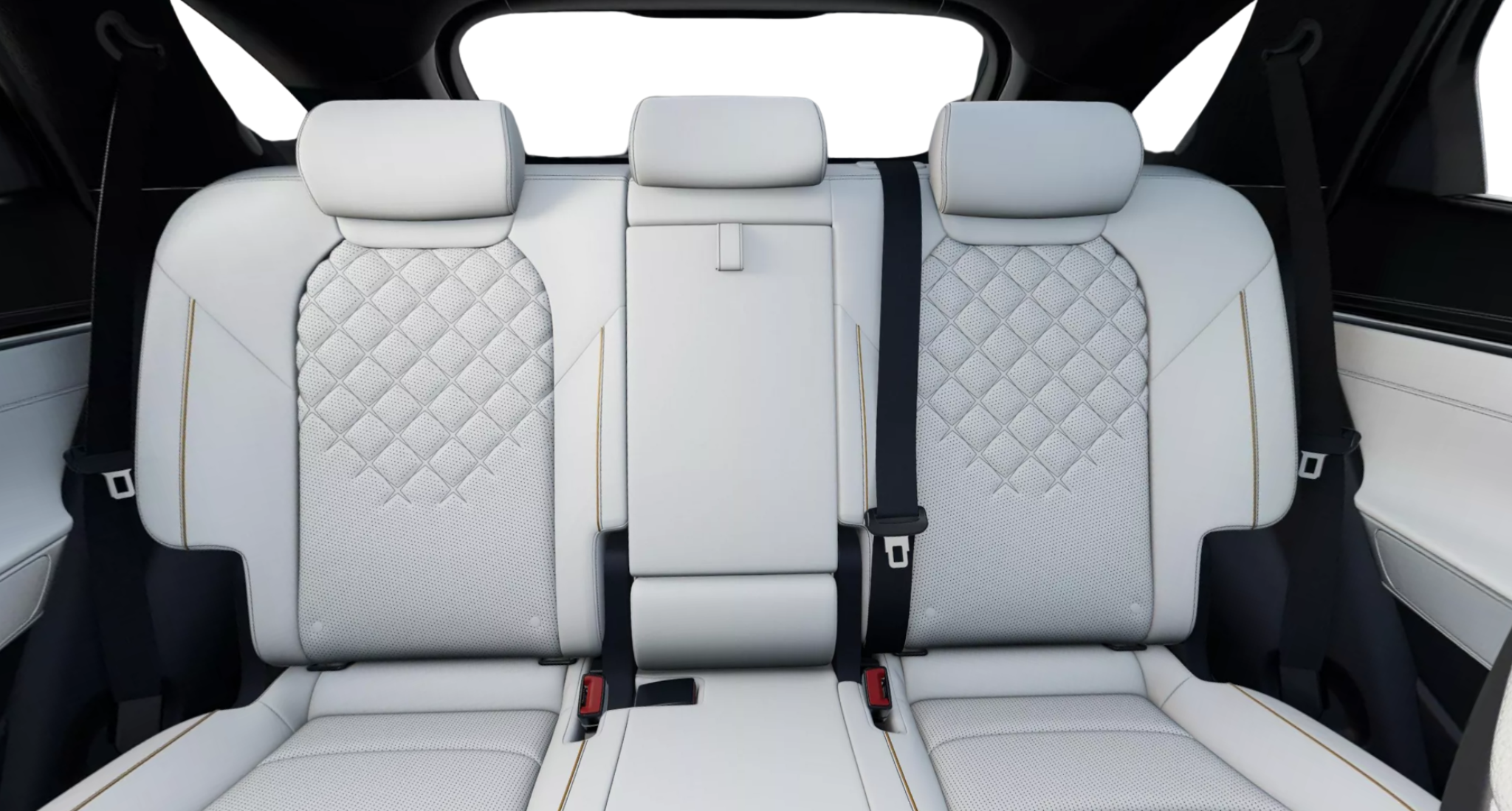 Rear leather seating of the 2025 Genesis Electrified GV70 AWD showcasing diamond-stitched comfort and center armrest