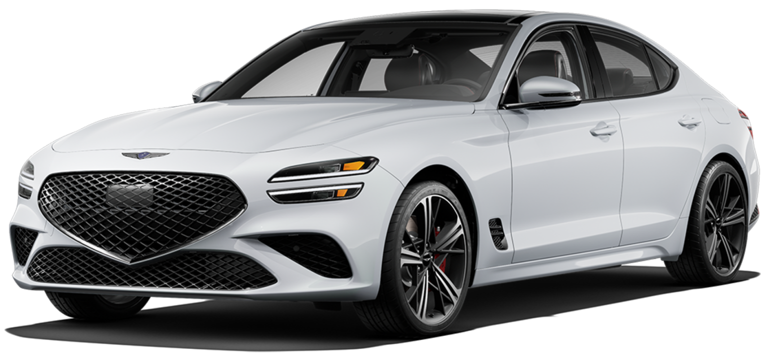 Front angle of the 2025 Genesis G70 RWD in white with bold mesh grille, LED headlights, and sport alloy wheels