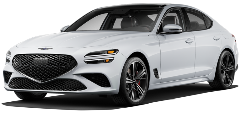 Front angle of the 2025 Genesis G70 RWD in white with bold mesh grille, LED headlights, and sport alloy wheels