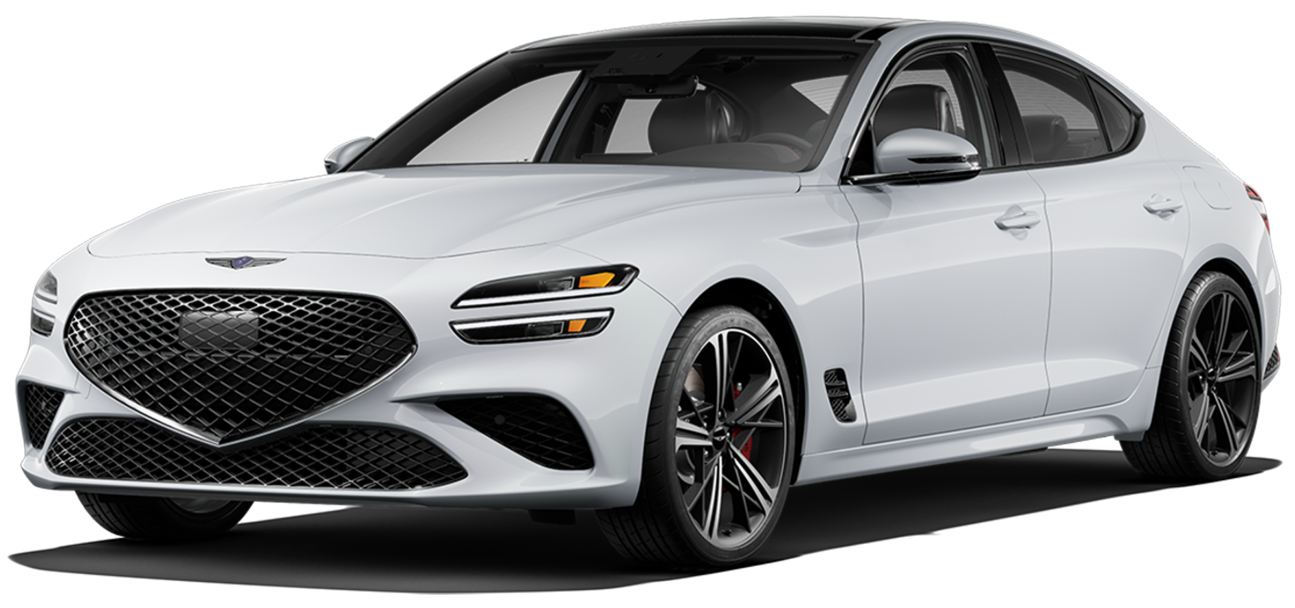 Front angle of the 2025 Genesis G70 RWD in white with bold mesh grille, LED headlights, and sport alloy wheels