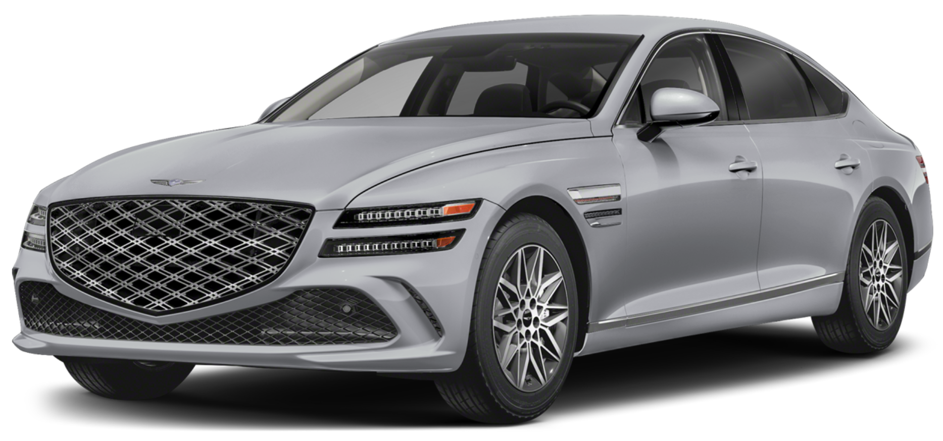 Striking front view of the 2025 Genesis G80 sedan with a bold crest grille, LED headlamps, and signature Genesis styling.