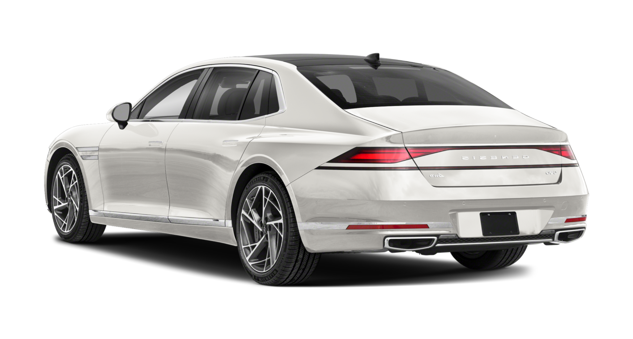 Rear exterior view of the 2025 Genesis G90 AWD showcasing the LED taillights, chrome exhaust tips, and Genesis badging.