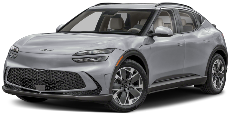 2025 Genesis GV60 front view with signature Genesis grille, LED headlights, and sculpted bumper in a premium EV SUV design