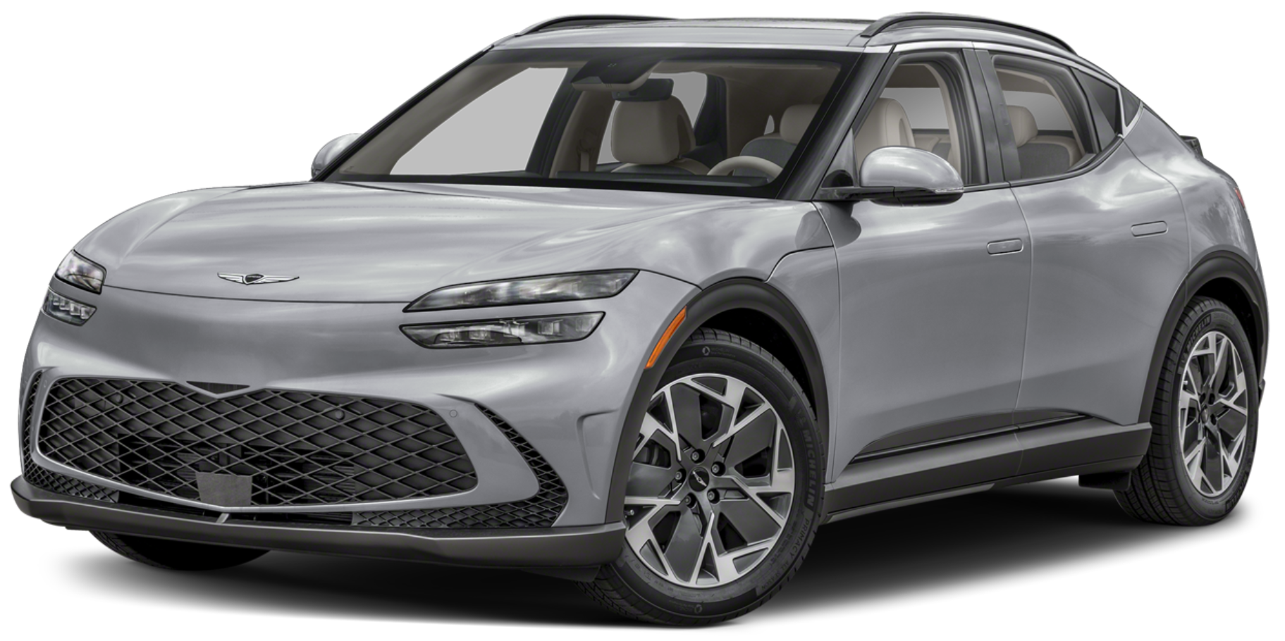 2025 Genesis GV60 front view with signature Genesis grille, LED headlights, and sculpted bumper in a premium EV SUV design