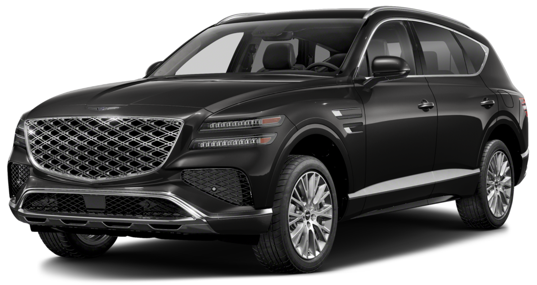 Front three-quarter view of the 2025 Genesis GV80 2.5T AWD with diamond-pattern grille, LED headlamps, and luxury SUV styling.