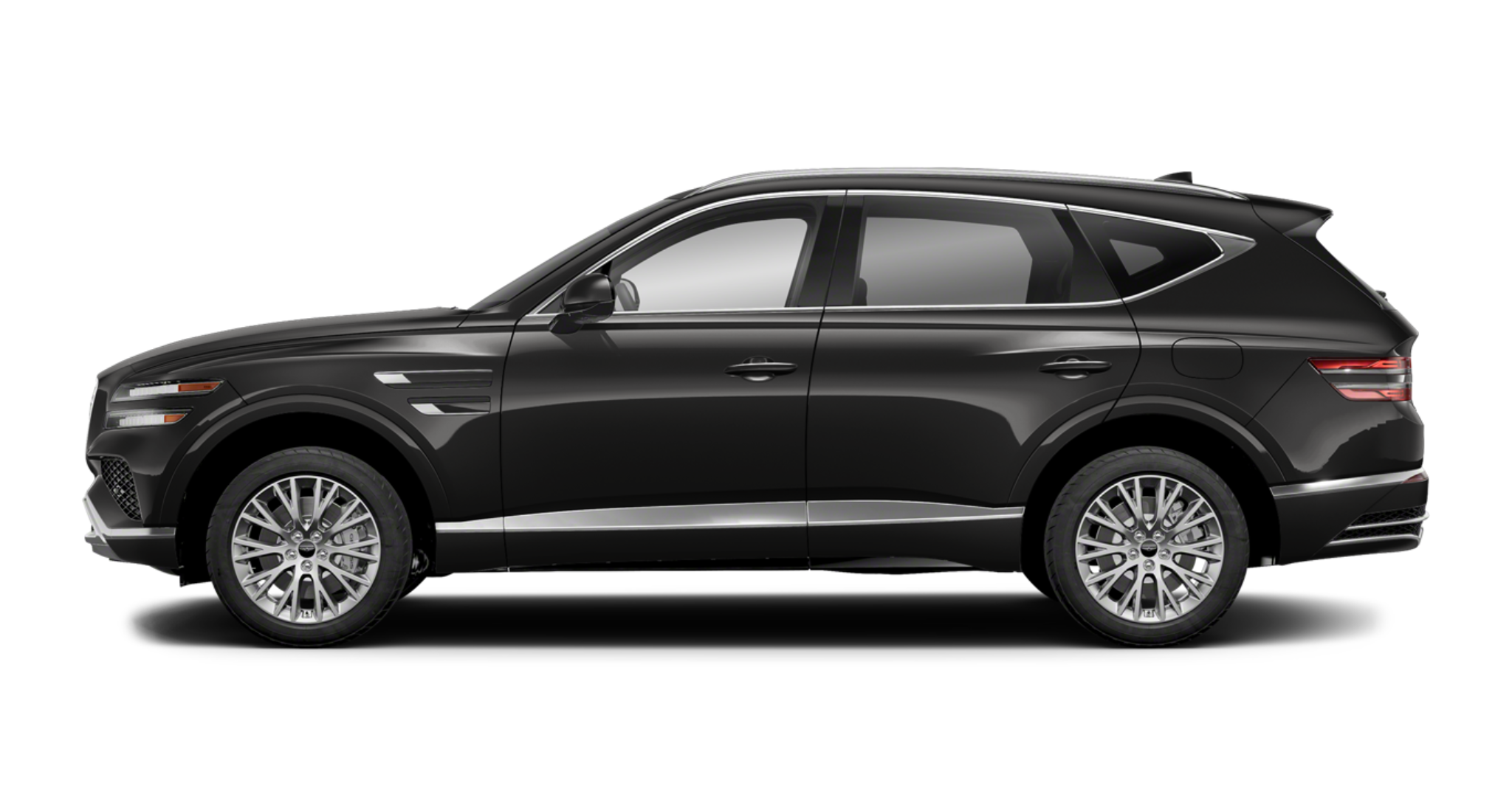Side profile of the 2025 Genesis GV80 2.5T AWD in sleek black finish featuring 19-inch alloy wheels and aerodynamic body lines.