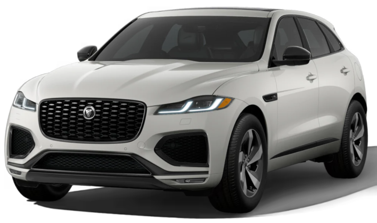 Aggressive front fascia of the 2025 Jaguar F-Pace R-Dynamic S AWD showcasing its signature grille and LED headlights.