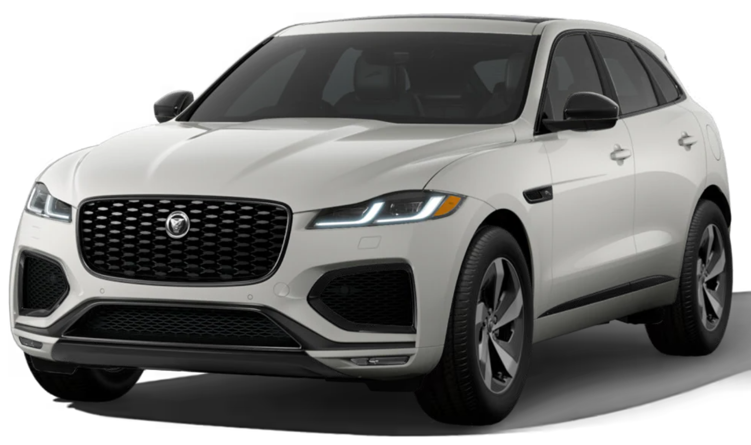 Aggressive front fascia of the 2025 Jaguar F-Pace R-Dynamic S AWD showcasing its signature grille and LED headlights.