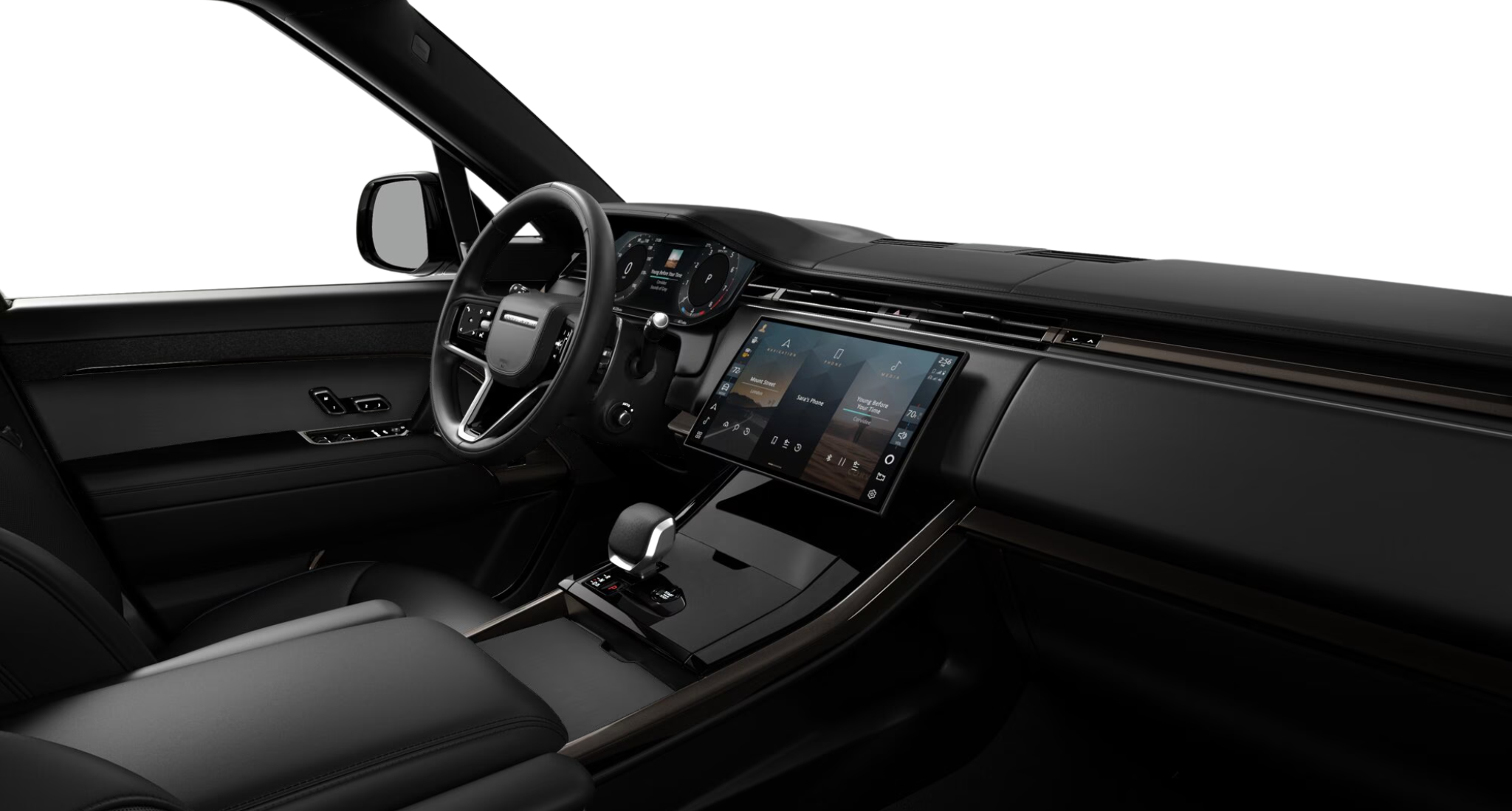 Driver’s view of the 2025 Land Rover Range Rover Sport SE AWD featuring a digital instrument cluster, 13.1" touchscreen, and black leather interior.