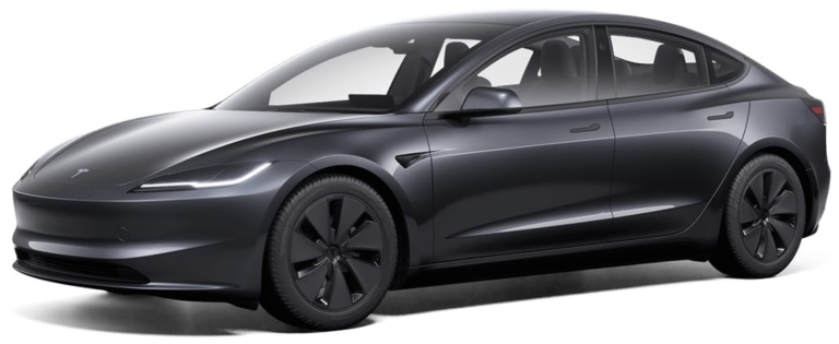 Front angle of the 2025 Tesla Model 3 Long Range RWD highlighting LED headlights, smooth grille-free front, and modern design.