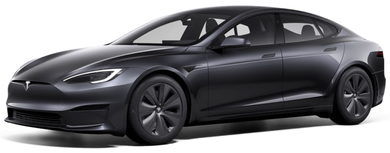 2025 Tesla Model S AWD front view highlighting sculpted LED headlights, curved hood, and luxury EV silhouette