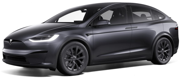 2025 Tesla Model X AWD front view with LED headlights, bold grille-less design, and modern electric SUV styling