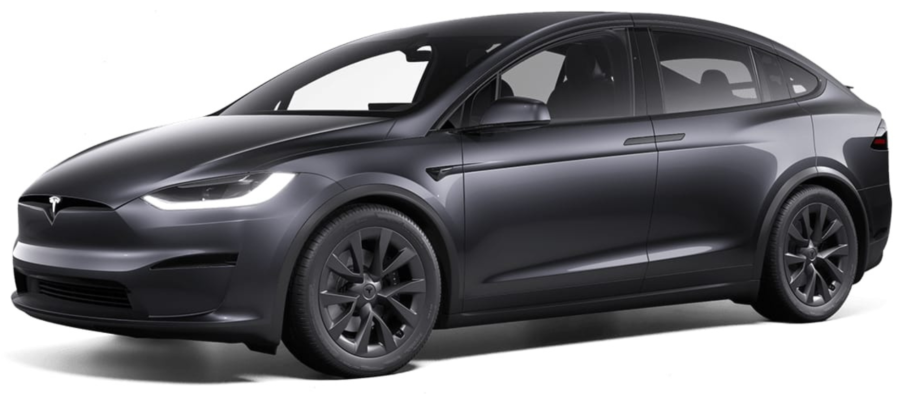 2025 Tesla Model X AWD front view with LED headlights, bold grille-less design, and modern electric SUV styling