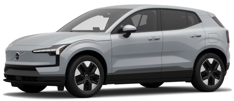 Front view of the 2025 Volvo EX30 AWD Plus showing signature LED headlights, sleek grille, and compact electric SUV styling
