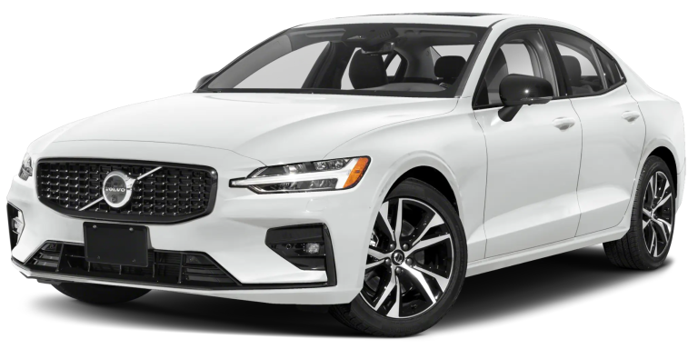 2025 Volvo S60 Core FWD front three-quarter angle in white with Thor’s Hammer LED headlights and black mesh grille