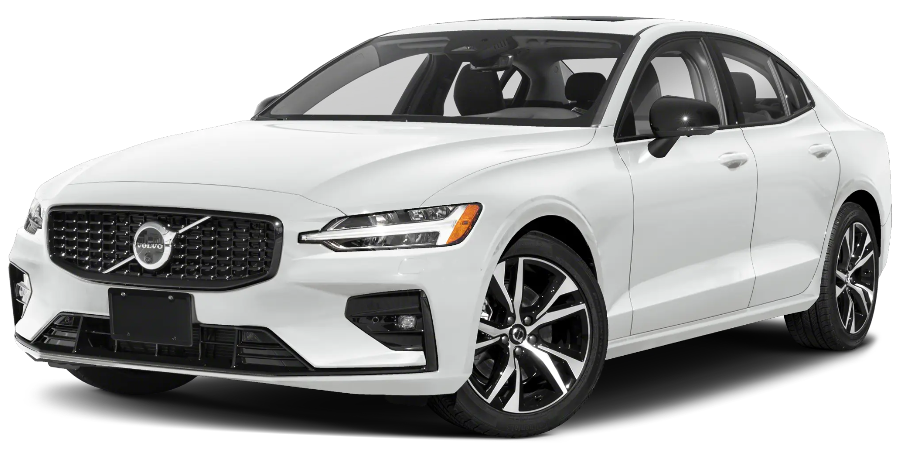 2025 Volvo S60 Core FWD front three-quarter angle in white with Thor’s Hammer LED headlights and black mesh grille