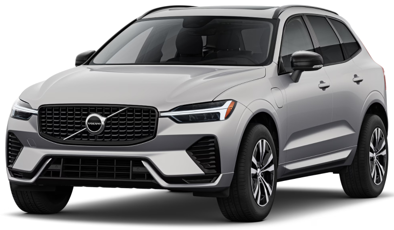Front exterior of the 2025 Volvo XC60 PHEV AWD highlighting the bold grille, LED headlights, and plug-in hybrid charging port.