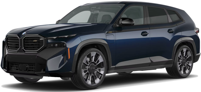 Front angle of the 2025 BMW XM PHEV AWD with illuminated kidney grille, sculpted hood, and aggressive LED lighting.