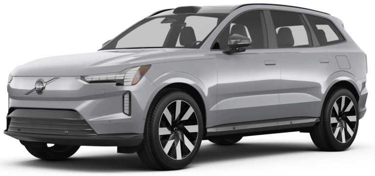 Front three-quarter view of 2025 Volvo EX90 Plus AWD in silver, showcasing LED headlamps and bold electric SUV design