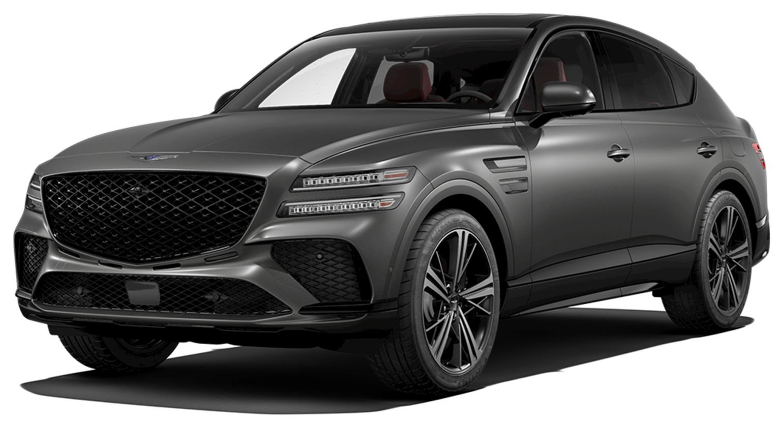 Front view of the 2025 Genesis GV80 Coupe AWD with bold grille, LED headlamps, and aerodynamic front styling.
