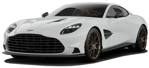 Aggressive front view of the 2025 Aston Martin Vanquish Coupe featuring signature grille, sleek headlights, and sporty front splitter.