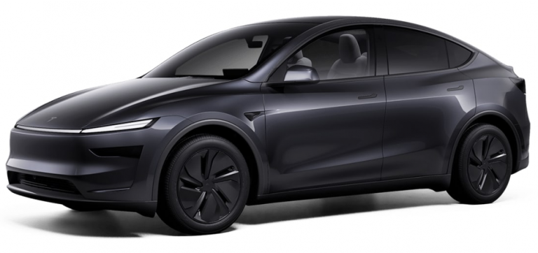 Aggressive front design of the 2025 Tesla Model Y AWD with a smooth grille-less fascia and futuristic LED headlamps.