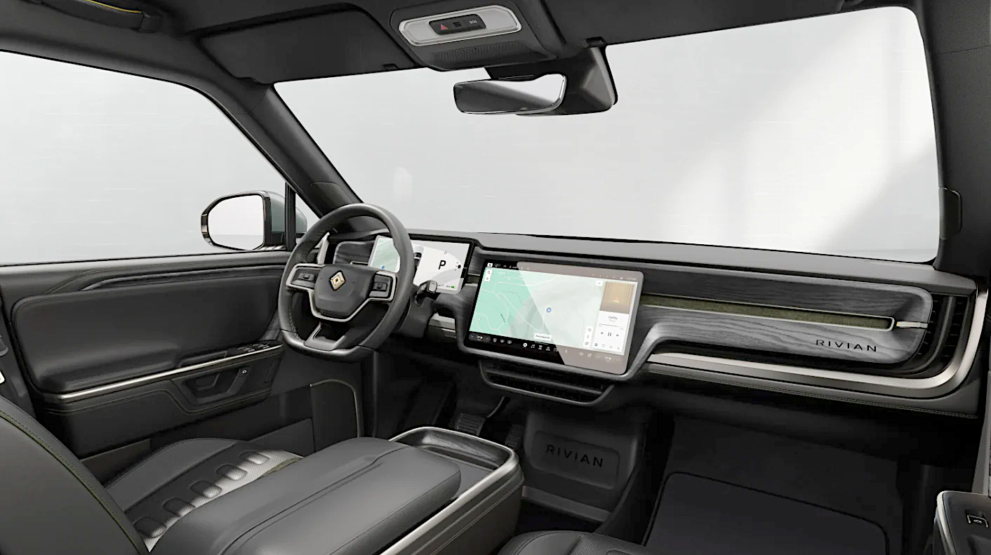 Rivian R1T truck lease panoramic dash with dual touchscreens